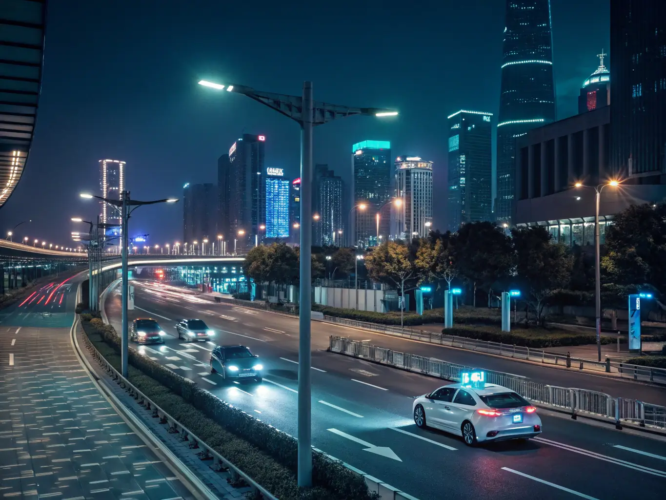 A high-tech urban landscape with self-driving cars and smart infrastructure, representing advancements in urban technology and sustainable living.