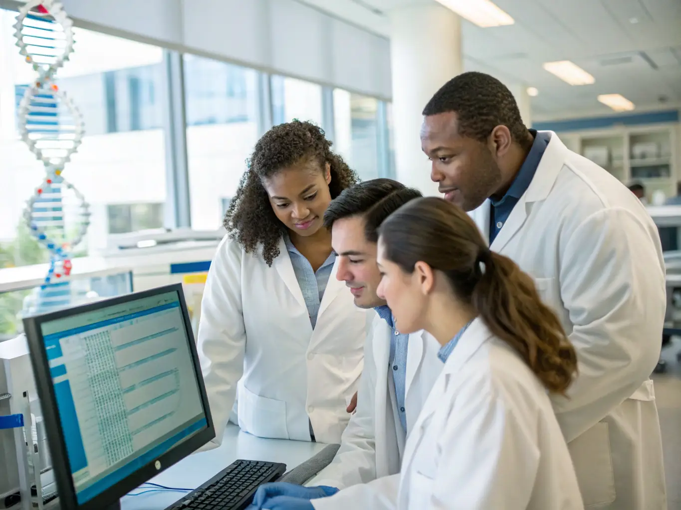 A futuristic laboratory with scientists collaborating on a holographic display of a DNA sequence, symbolizing cutting-edge genetic research.